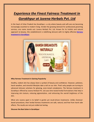 Experience the Finest Fairness Treatment in Gorakhpur at Juvena Herbals Pvt. Ltd