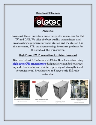 High Power FM Transmitters from Eletec Broadcast