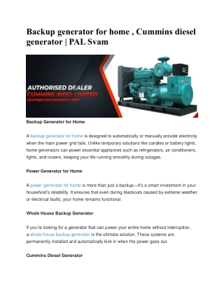 Backup generator for home , Cummins diesel generator | PAL Svam