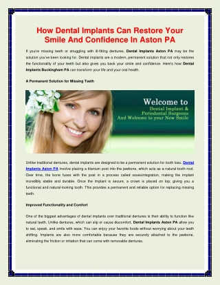 How Dental Implants Can Restore Your Smile And Confidence In Aston PA