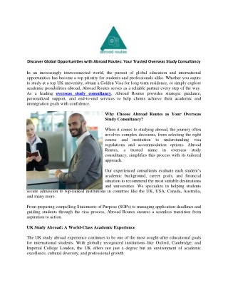 Discover Global Opportunities with Abroad Routes Your Trusted Overseas Study Consultancy