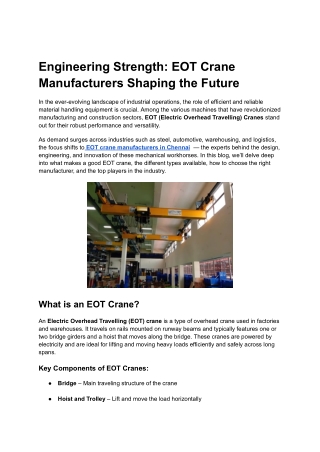 EOT Crane Manufacturers in Chennai -  Eot Crane Manufacturers