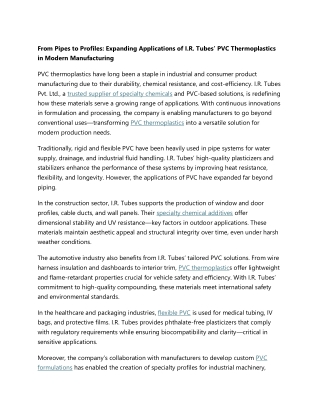 Expanding Applications of I.R. Tubes’ PVC Thermoplastics in Modern Manufacturing