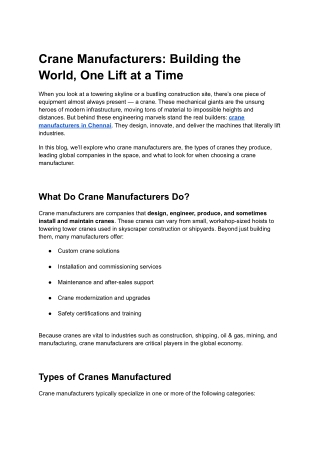 Crane Manufacturrs in Chennai -  Eotcranemanufactures