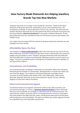 The Role of Factory-Made Diamonds in Extending Market Opportunities for Jewelry