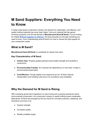 M Sand Suppliers in Chennai -  Kumaraveltraders