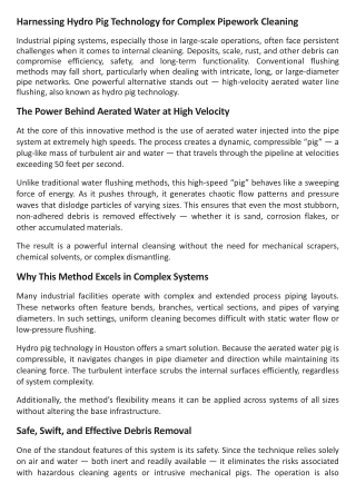 Harnessing Hydro Pig Technology for Complex Pipework Cleaning