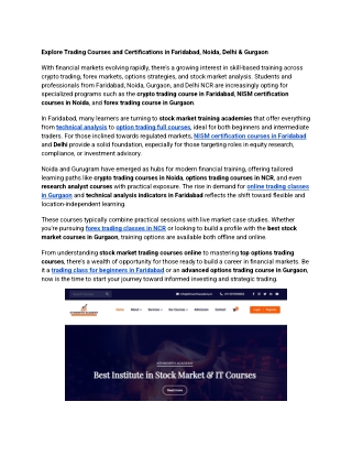 Explore Trading Courses and Certifications in Faridabad, Noida, Delhi & Gurgaon