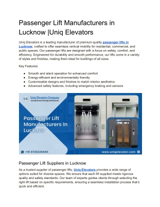 Passenger Lift Manufacturers in Lucknow _Uniq Elevators