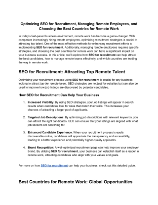 Optimizing SEO for Recruitment, Managing Remote Employees, and Choosing the Best Countries for Remote Work