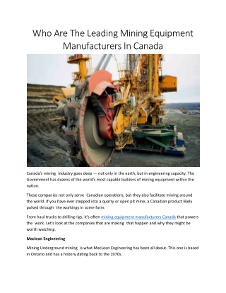 Mining equipment manufacturers canada