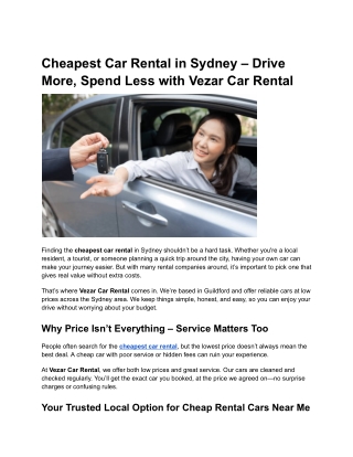 Cheapest Car Rental in Sydney – Drive More, Spend Less with Vezar Car Rental