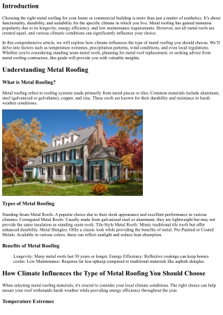 How Climate Influences the Type of Metal Roofing You Should Choose