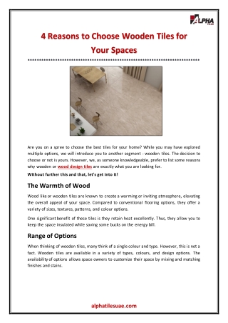 4 Reasons to Choose Wooden Tiles for Your Spaces