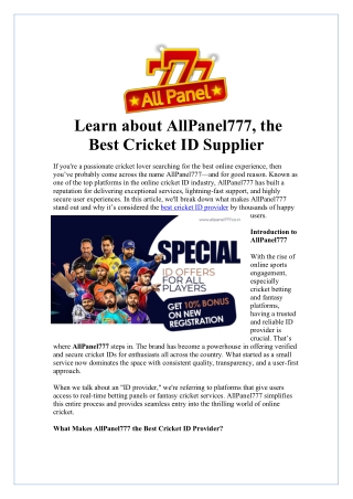 Hire Consult and Get Best Cricket ID Provider AllPanel777 Today