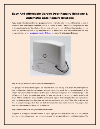 Easy And Affordable Garage Door Repairs Brisbane & Automatic Gate Repairs Brisbane