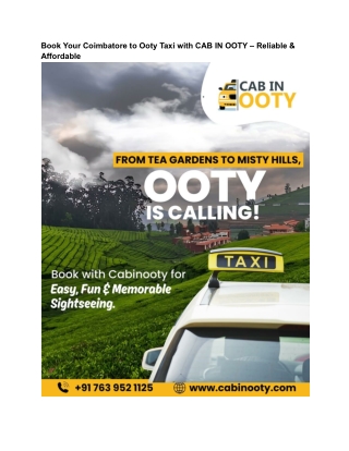 Reliable Coimbatore to Ooty Taxi Service by CAB IN OOTY