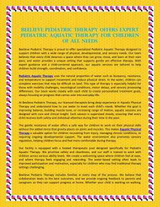 Beelieve Pediatric Therapy Offers Expert Pediatric Aquatic Therapy for Children of All Needs