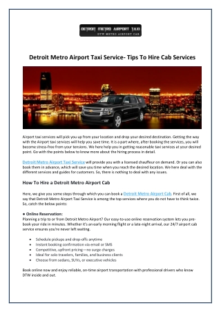 Detroit Metro Airport Taxi Service- Tips To Hire Cab Services