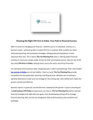 Choosing the Right CPA Firm in Dallas: Your Path to Financial Success