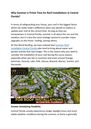 Why Summer is Prime Time for Roof Installations in Central Florida