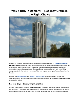 Why 1 BHK in Dombivli – Regency Group is the Right Choice