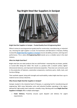 Bright Steel Bar Suppliers in Sonipat