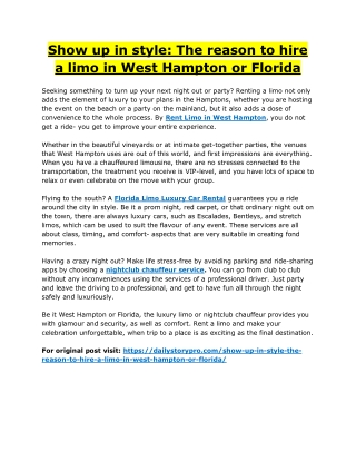 Show up in style The reason to hire a limo in West Hampton or Florida