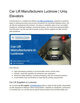 Car Lift Manufacturers Lucknow _ Uniq Elevators