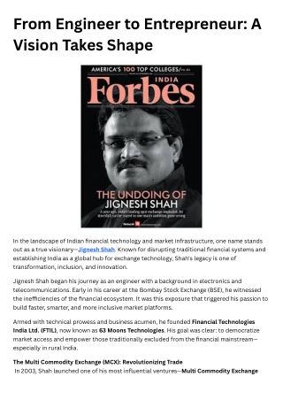 From Engineer to Entrepreneur A Vision Takes Shape