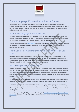 French Language Courses for juniors in France