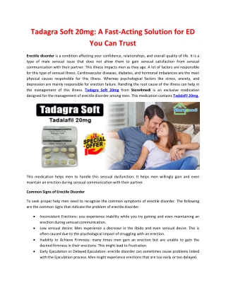 Tadagra Soft 20mg A Fast-Acting Solution for ED You Can Trust