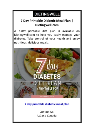 7 Day Printable Diabetic Meal Plan  Dietingwell.com