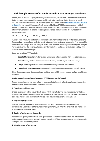 Find the Right PEB Manufacturer in Sanand for Your Factory or Warehouse