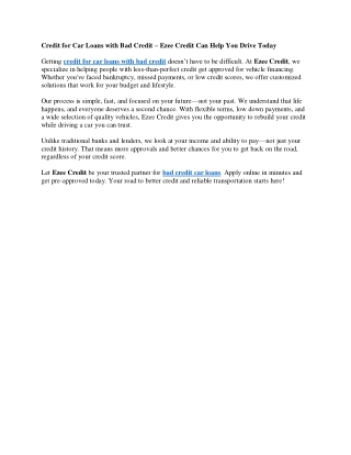 Credit for Car Loans with Bad Credit – Ezee Credit Can Help You Drive Today