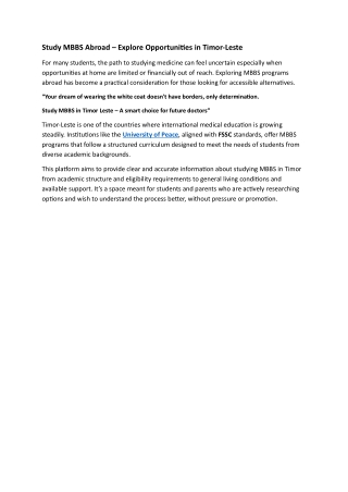 Study MBBS Abroad – Explore Opportunities in Timor-Leste