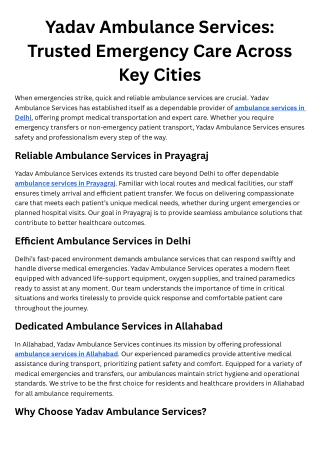 Yadav Ambulance Services Trusted Emergency Care Across Key Cities
