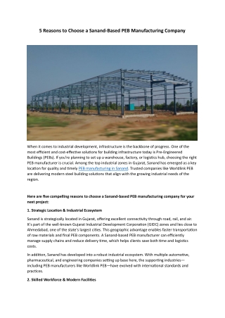 5 Reasons to Choose a Sanand-Based PEB Manufacturing Company