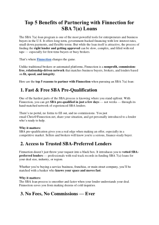 Top 5 Benefits of Partnering with Finnection for SBA 7(a) Loans