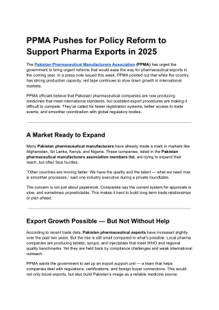 Pakistan’s Pharma Industry Needs Export Reform, Says PPMA