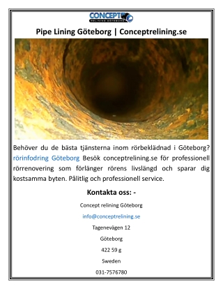 Pipe Lining Göteborg  Conceptrelining.se
