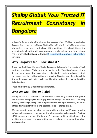 Shelby Global - Your Trusted IT Recruitment Consultancy in Bangalore