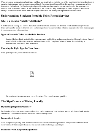 Why You Need To Select Local: Advantages of Working With a Stockton Portable Toi