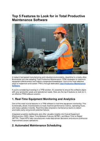 Top 5 Features to Look for in Total Productive Maintenance Software