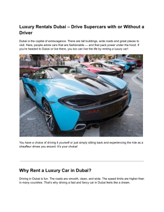 Luxury Rentals Dubai – Drive Supercars with or Without a Driver