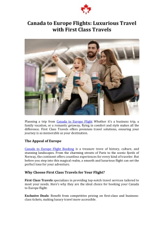 Canada to Europe Flights Luxurious Travel with First Class Travels