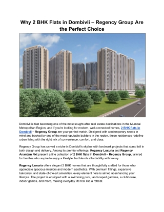 Why 2 BHK Flats in Dombivli – Regency Group Are the Perfect Choice