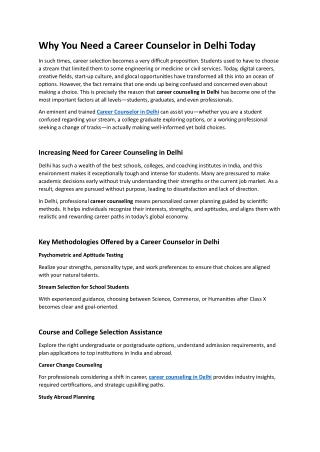 Why You Need a Career Counselor in Delhi Today