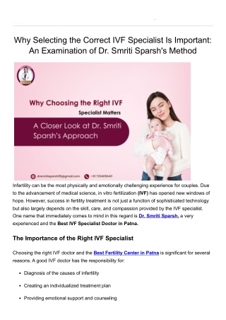 Why Selecting the Correct IVF Specialist Is Important: An Examination of Dr. Smr