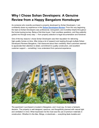 Why I Chose Sohan Developers_ A Genuine Review from a Happy Bangalore Homebuyer
